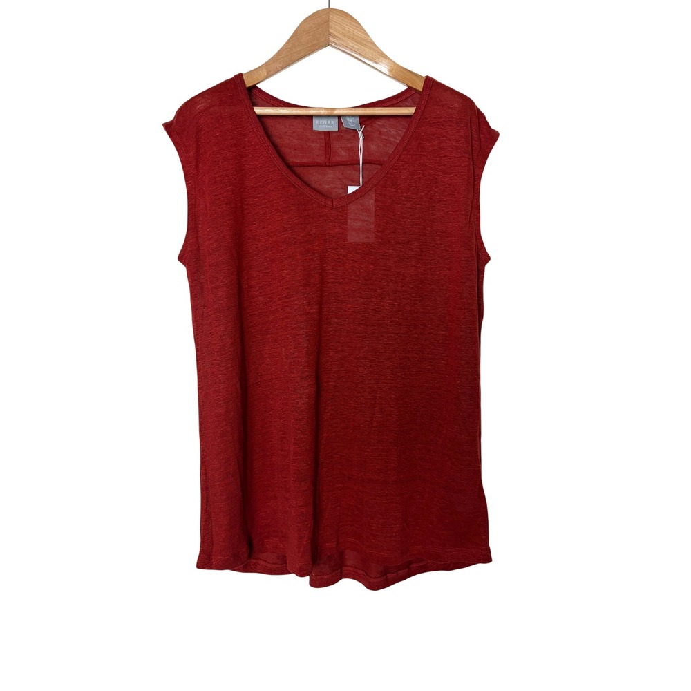 Kenar Women Red 100% Linen V-Neck Sleeveless Knit Tank Top Size L NWT
